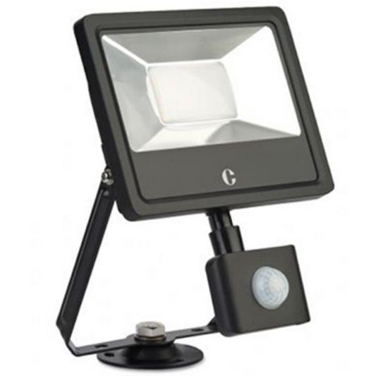 Colour switchable LED floodlight with motion sensor, black casing, adjustable mount