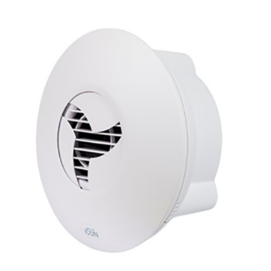 White circular wall-mounted extractor fan for home ventilation and electrical lighting accessories