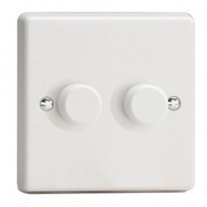 White 2 gang energy-saving dimmer switch for LED lighting control, wall mounted