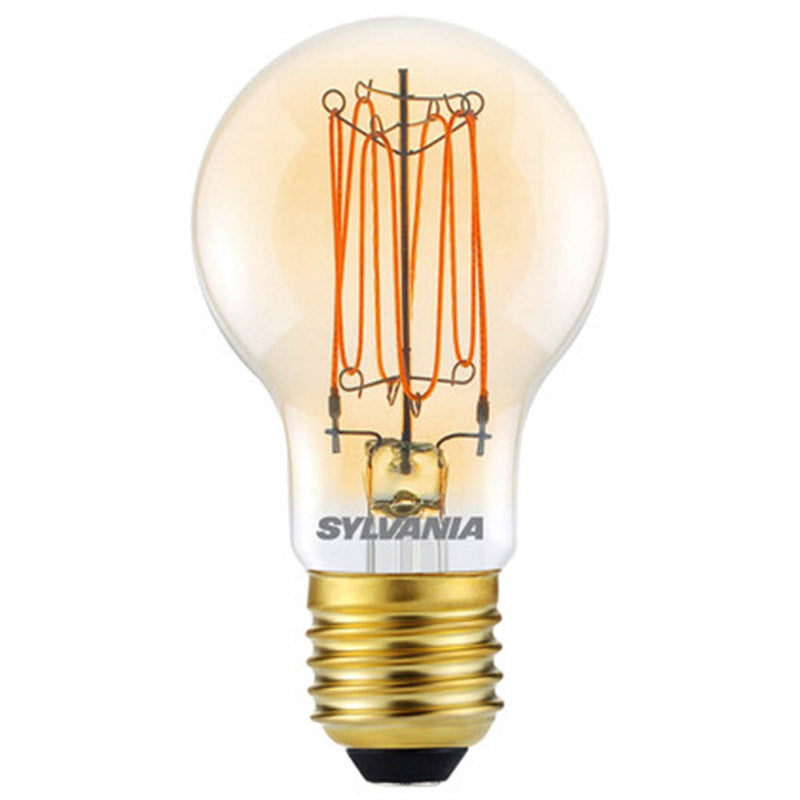 Clear vintage LED filament light bulb with gold screw base