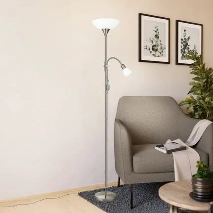 Up 2 floor lamp, nickel-coloured, metal, reading light, E27 + E14