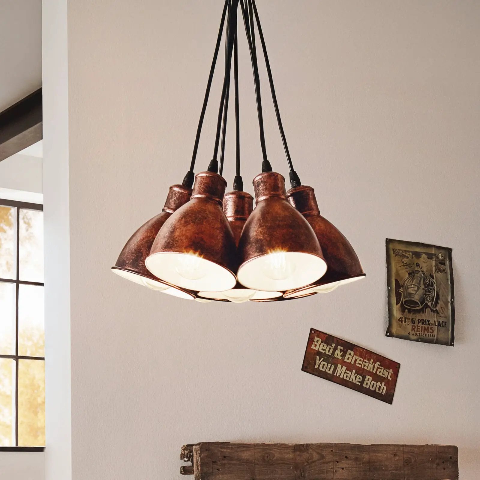 Pendant light Priddy 1, seven-bulb, antique copper