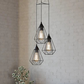 3-bulb vintage pendant light Tarbes in black