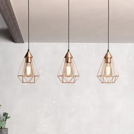 3-bulb vintage pendant light Tarbes in copper