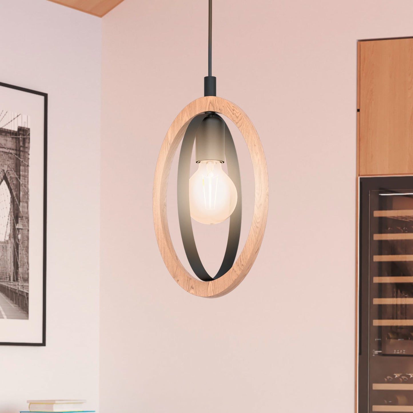 Basildon pendant light made of wood/steel one-bulb