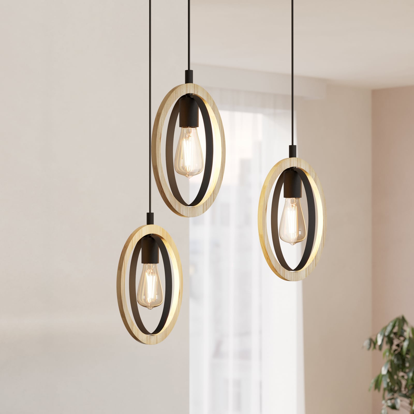 Basildon hanging light, wood details 3-bulb, rings