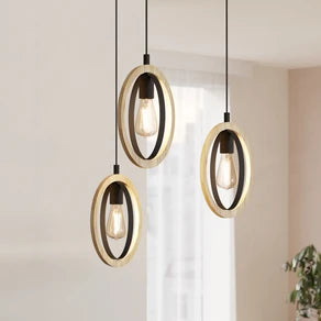 Basildon hanging light, wood details 3-bulb, rings