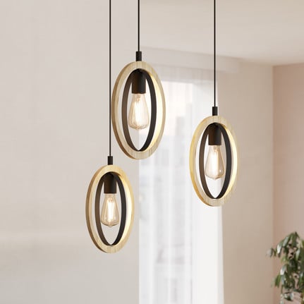 Basildon hanging light, wood details 3-bulb, rings