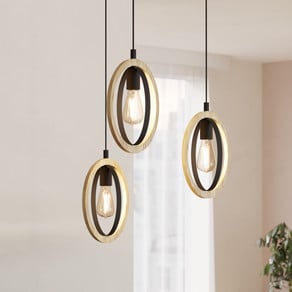 Basildon hanging light, wood details 3-bulb, rings