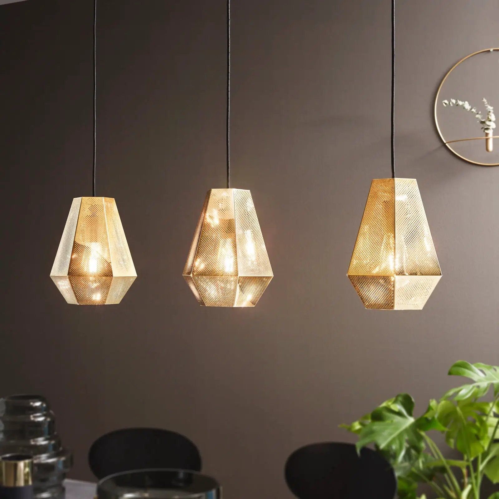 Chiavica hanging light, brass, 3-bulb
