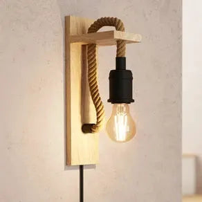 Rampside wall light, wood and rope, shadeless