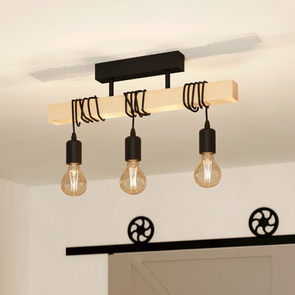 Townshend ceiling lamp made of wood, 3-bulb black