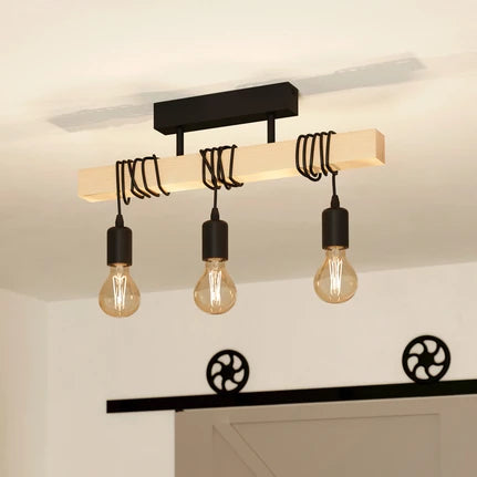 Townshend ceiling lamp made of wood, 3-bulb black