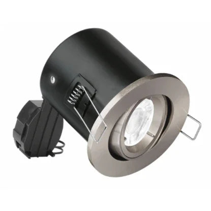 GU10 adjustable aluminium fire-rated downlight with satin nickel finish, wiring attached