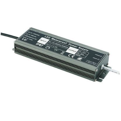 Ultra slim LED driver waterproof power supply with black housing and labeled specifications