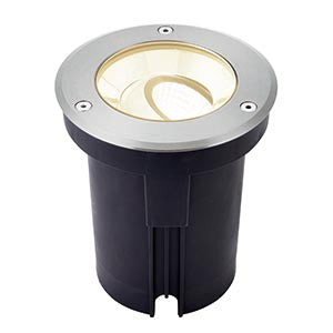 LED recessed ground light with stainless steel trim, suitable for outdoor landscape lighting