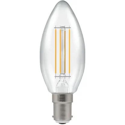 Dimmable LED candle light bulb with clear glass and visible filament, B15d base