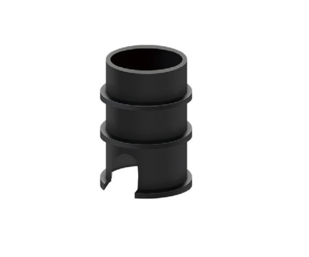Black plastic electrical lighting conduit fitting with three ridges on white background