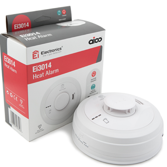 Ei3014 heat alarm detector with packaging, electrical safety device for home and business.