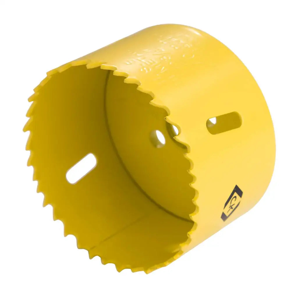 Yellow bi-metal hole saw drill bit for electrical installation work