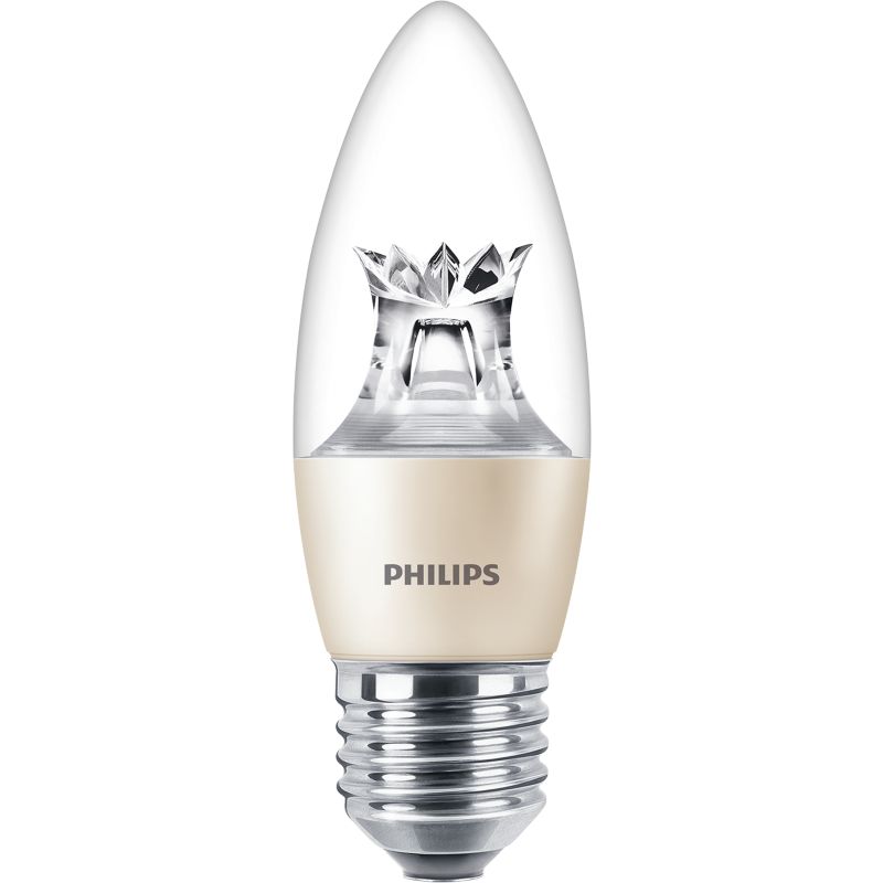 LED candle bulb with E27 screw base, clear glass and metallic finish for UK lighting