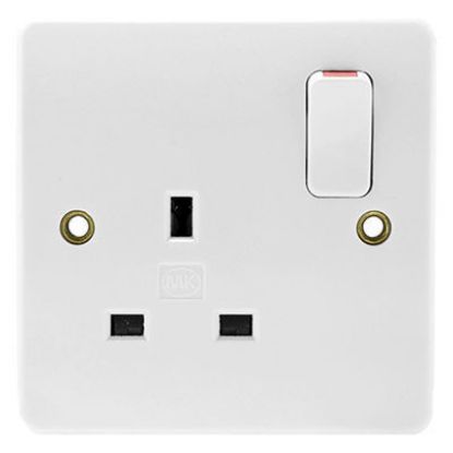 White double pole 1 gang switched socket with red indicator, UK mains electrical wall outlet