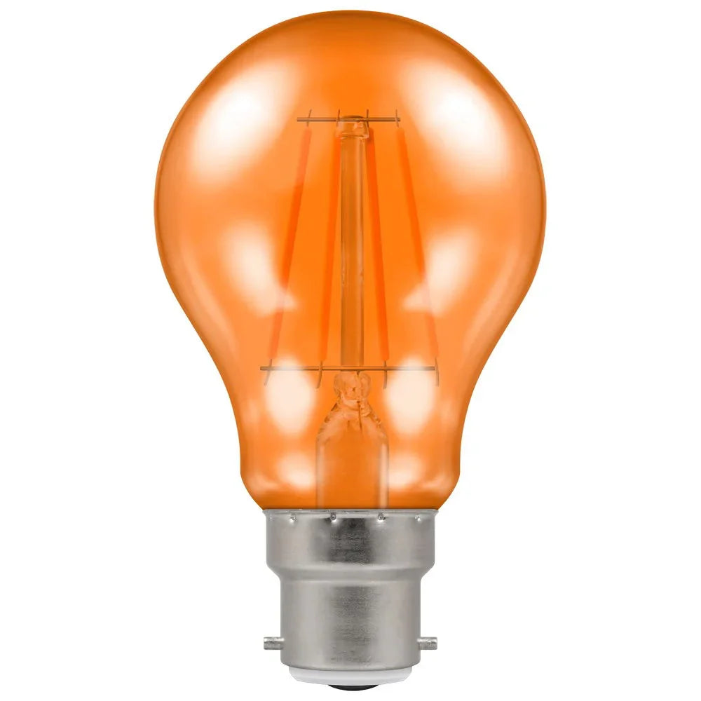 Orange filament LED light bulb with bayonet cap fitting for home or business lighting