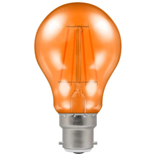 Orange filament LED light bulb with bayonet cap fitting for home or business lighting