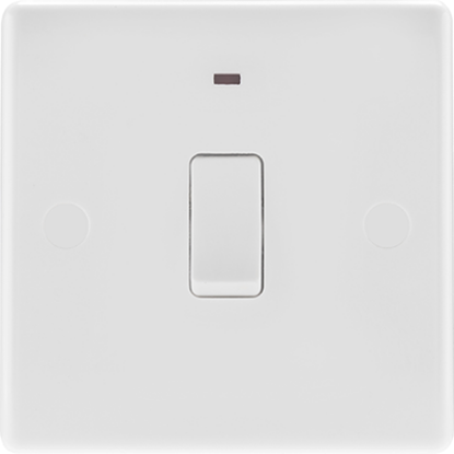 White double pole switch with indicator, suitable for UK electrical lighting installations.