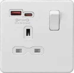 ml matt white 13A 1G SP Switched Socket with Dual USB A+C 12V DC 1.5A [Max. 18W] - Matt White with White Insert - Electrical ml matt white 13A 1G SP Switched Socket with Dual USB A+C 12V DC 1.5A [Max. 18W] - Matt White with White Insert Electrical