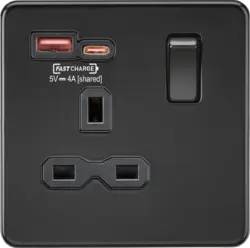 ml matt black 13A 1G SP Switched Socket with Dual USB A+C 12V DC 1.5A [Max. 18W] - Matt Black with Black Insert - ml matt black 13A 1G SP Switched Socket with Dual USB A+C 12V DC 1.5A [Max. 18W] - Matt Black with Black Insert