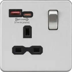 Brushed Chrome ML 13A 1G SP Switched Socket with Dual USB A+C 12V DC 1.5A [Max. 18W] - Brushed Chrome w/Black Insert - Electrical Brushed Chrome ML 13A 1G SP Switched Socket with Dual USB A+C 12V DC 1.5A [Max. 18W] - Brushed Chrome w/Black Insert Electrical