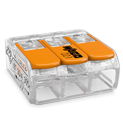 3-conductor compact splicing connector with orange levers for electrical wiring