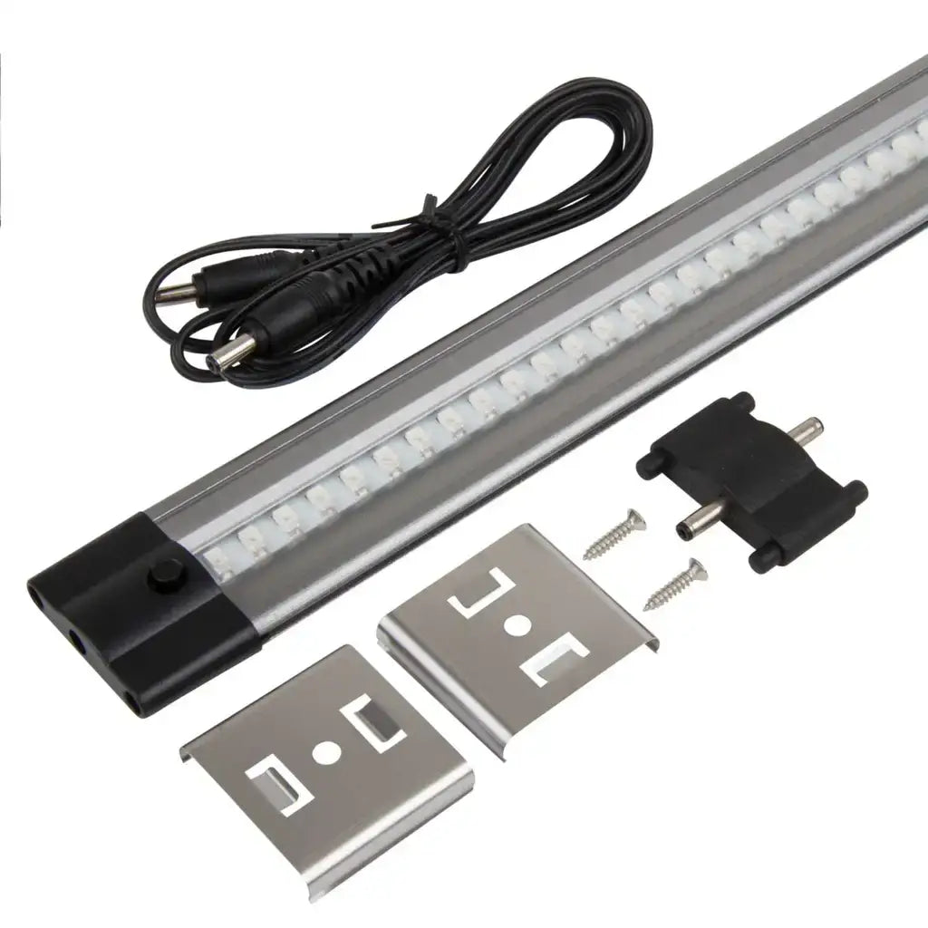 LED strip light with mounting brackets, screws, connector, and power cable for indoor lighting