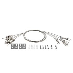 Suspension cable kit for LED lighting, includes steel cables, mounting brackets, and screws