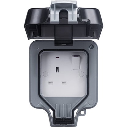 Outdoor 13 amp double pole switched socket outlet with protective cover open
