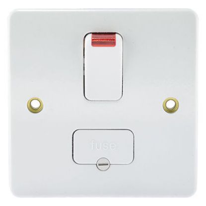 Double pole switched fused spur with neon indicator, white finish, electrical wiring accessory