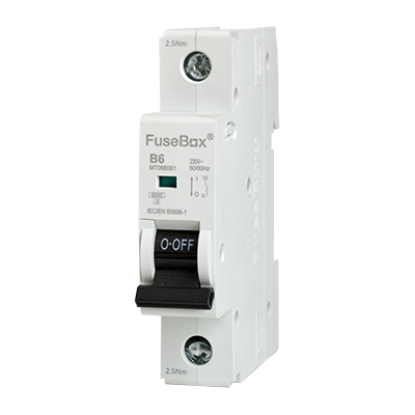 Single pole B6 circuit breaker with labeled switch and mounting screws, electrical accessory
