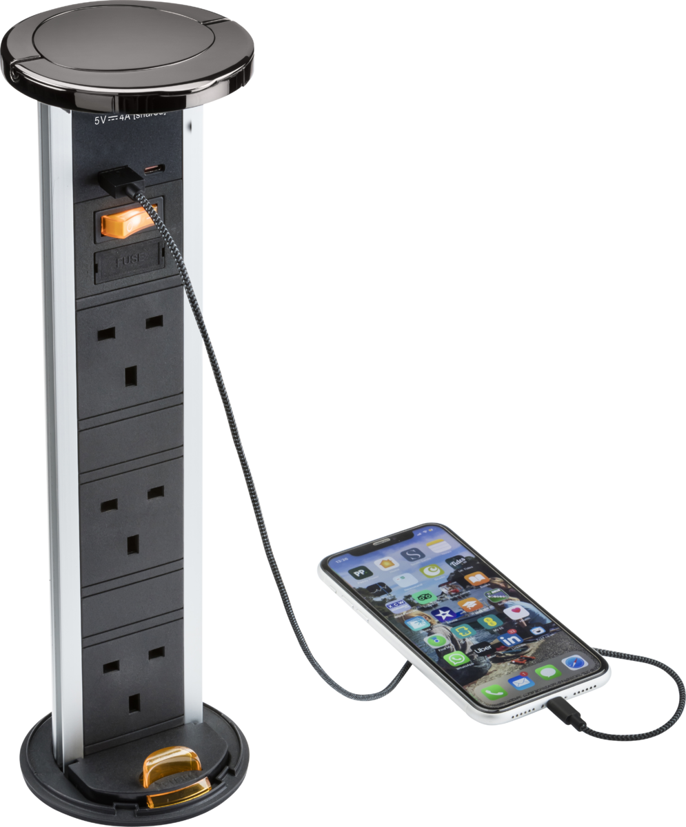 pop up IP54 3G pop-up socket with dual USB charger A+C (FASTCHARGE) - Black nickel Cap - pop up IP54 3G pop-up socket with dual USB charger A+C (FASTCHARGE) - Black nickel Cap