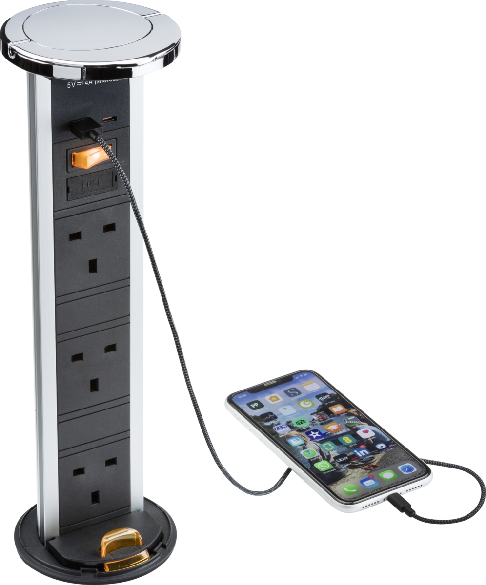 pop up IP54 3G pop-up socket with dual USB charger A+C (FASTCHARGE) - Polished chrome Cap - pop up IP54 3G pop-up socket with dual USB charger A+C (FASTCHARGE) - Polished chrome Cap