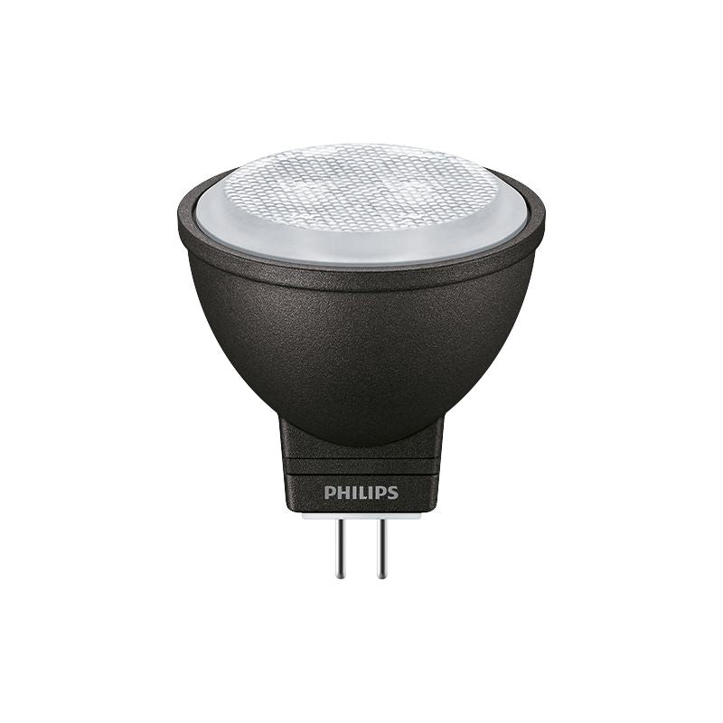 Black GU4 MR11 LED spotlight bulb with Philips branding, energy-efficient lighting