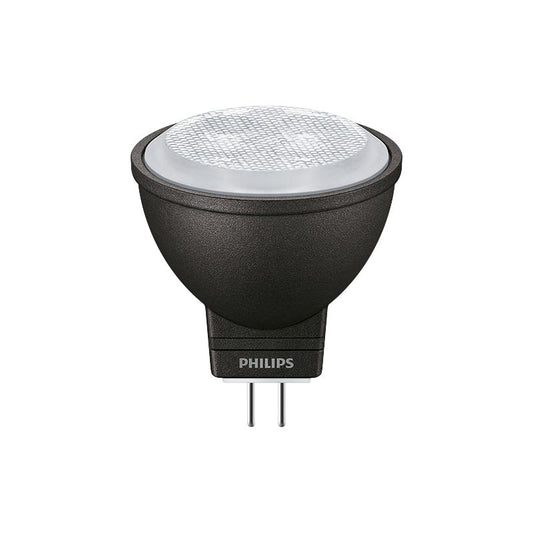Black GU4 MR11 LED spotlight bulb with Philips branding, energy-efficient lighting