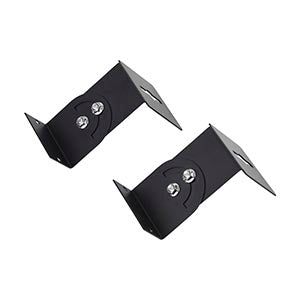 Pair of black metal mounting brackets for LED floodlights, hardware accessories shown