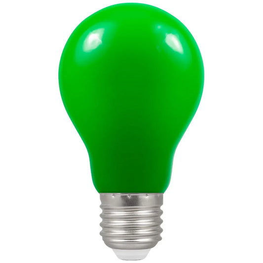 Green LED light bulb with Edison screw base on white background