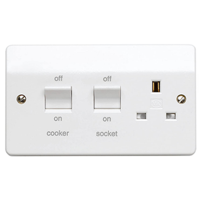 2 gang 45A double pole main switch with 13A socket outlet, white wall plate, UK wiring