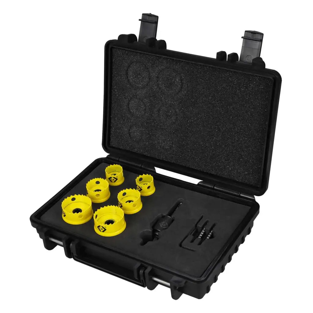 Yellow hole saw drill bit set in black hard case for electrical installation