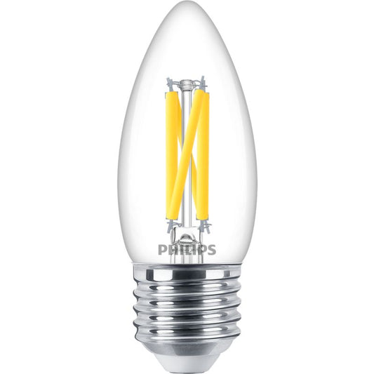 LED filament bulb with E27 screw base, candle shape, clear glass for home lighting