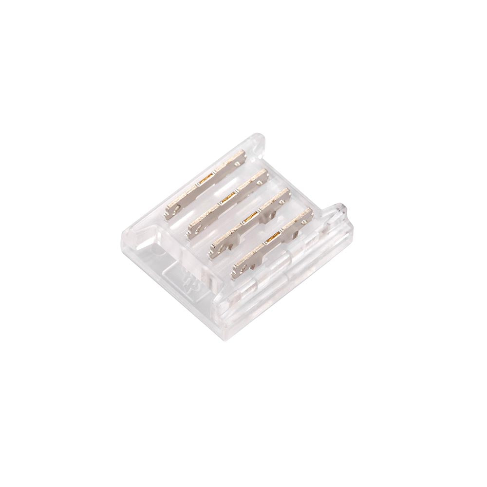 Clear plastic LED strip connector for electrical lighting installations