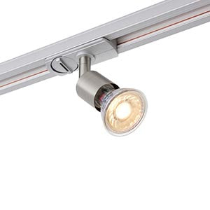 Modern LED track light in brushed metal finish mounted on a ceiling rail