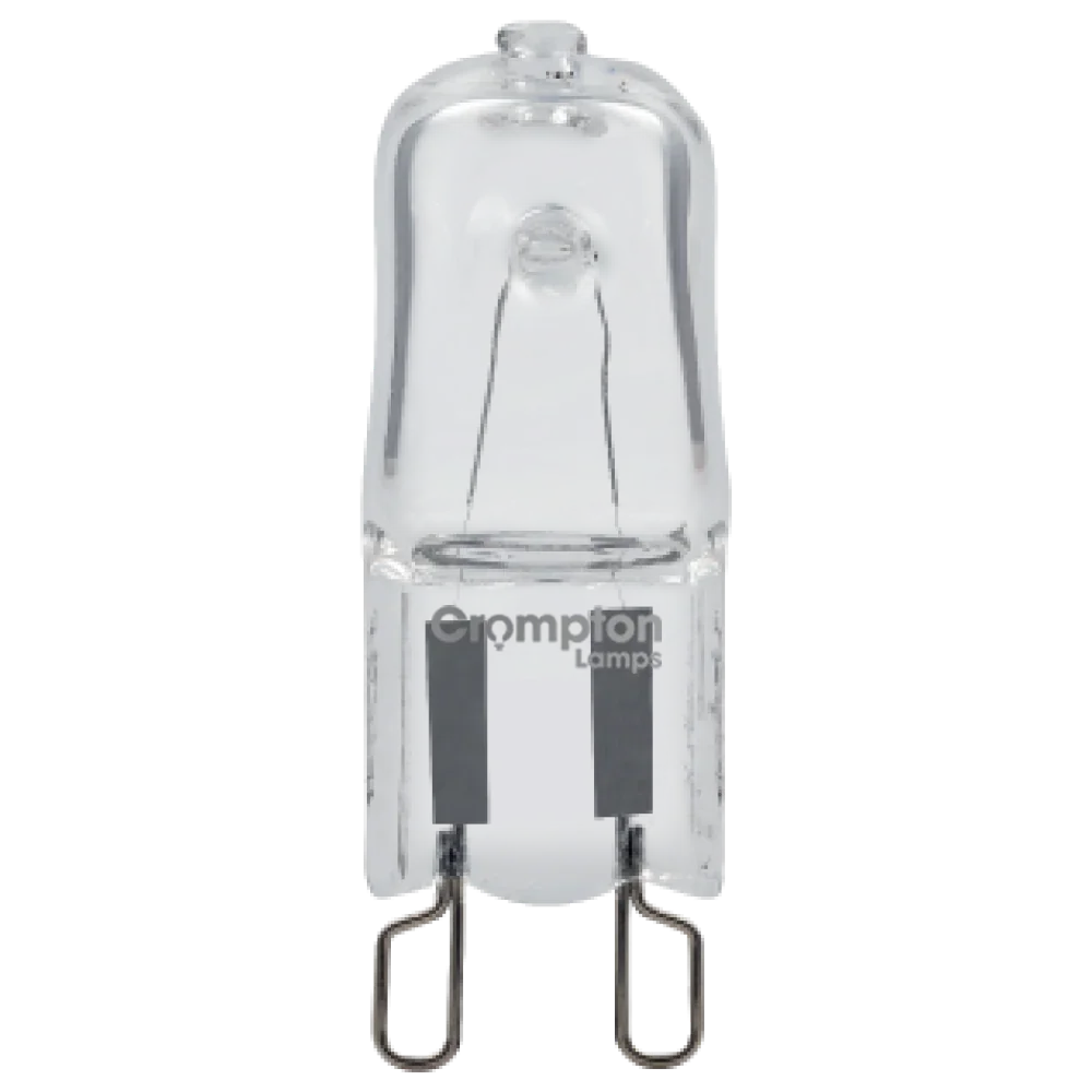 Clear G9 oven bulb, 18w halogen lamp with metal pins, suitable for appliance lighting.